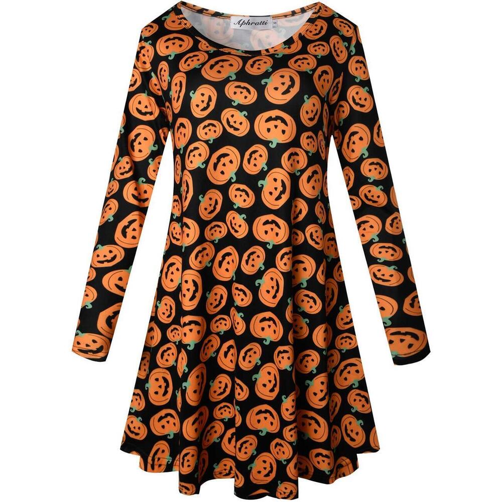 5358 Long Sleeve Funny Halloween Print Tunic Dress Cute Swing Costume New
